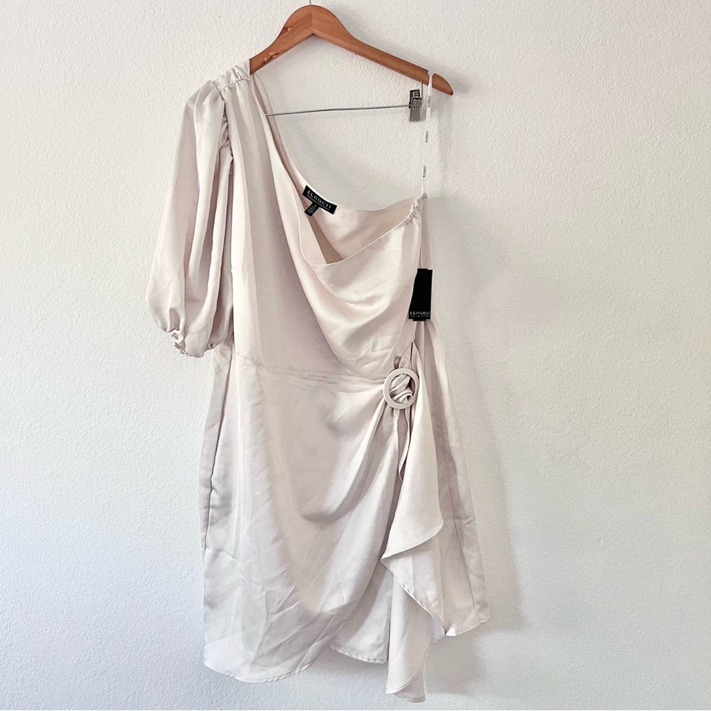 Eloquii Champagne Satin One Sleeve Wrap Dress Sz 22 NWT